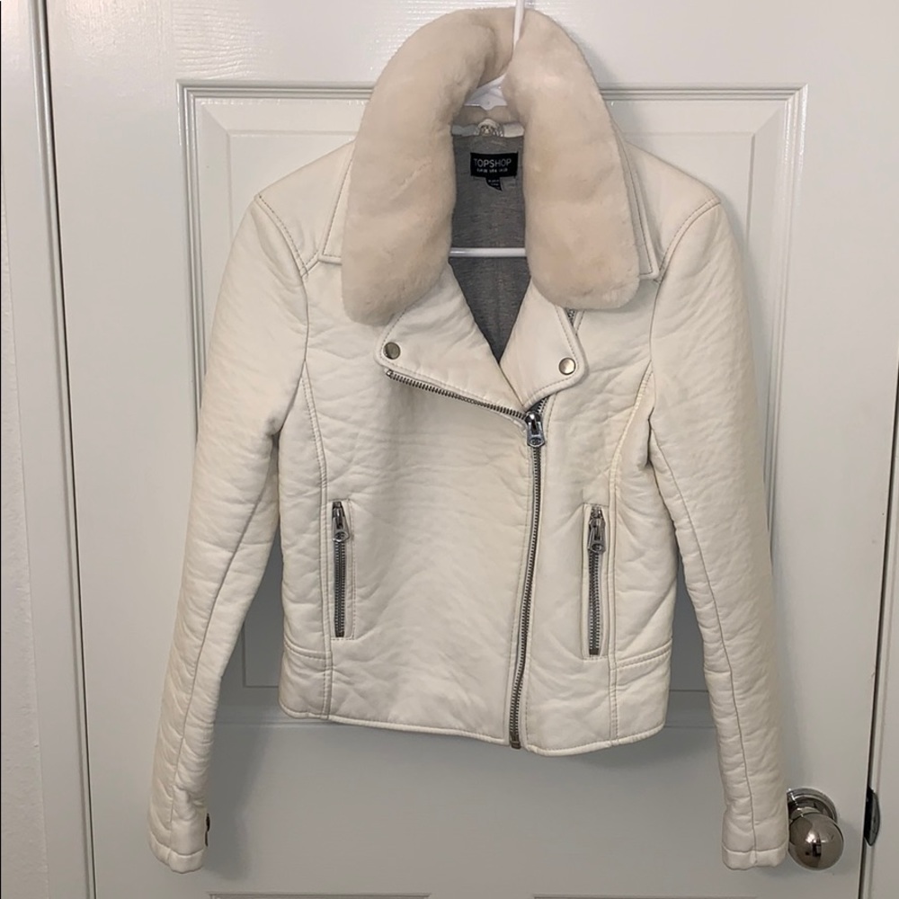 Removable Faux Fur White Leather Jacket